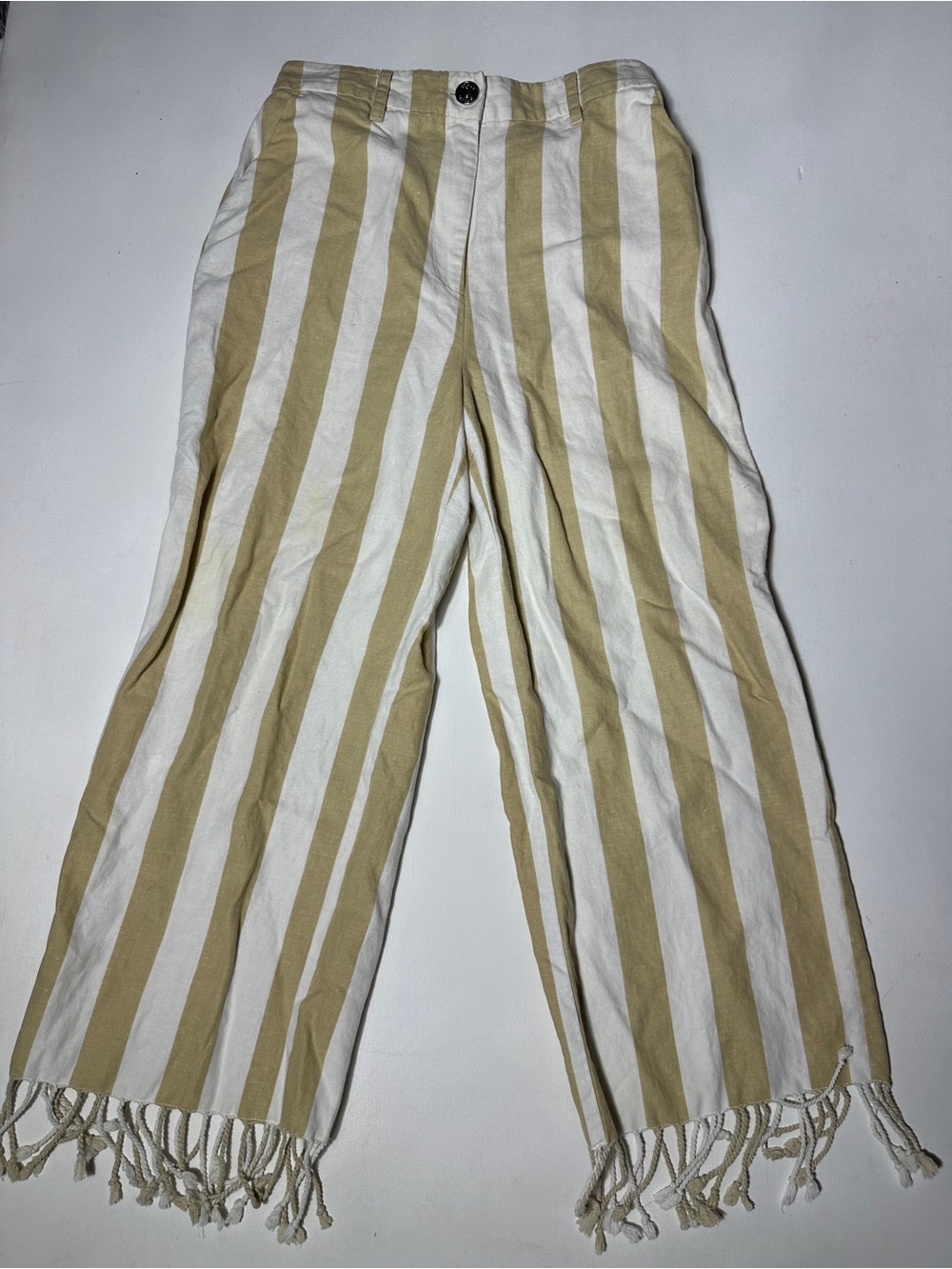STAUD Beige & White Vertical Stripe Fringe Hem Cropped Pants